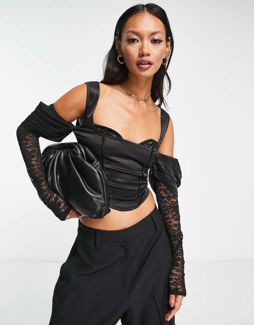 ASOS DESIGN leather look boned corset top in black