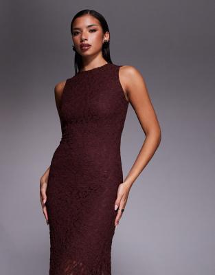 Asos Design Lace Sleeveless Column Midi Dress In Burgundy