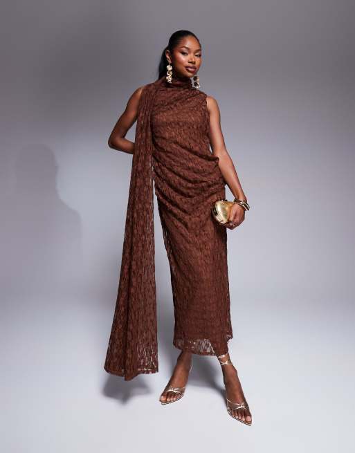 ASOS DESIGN lace sleeveless ruched drape detail midi dress in chocolate brown ASOS