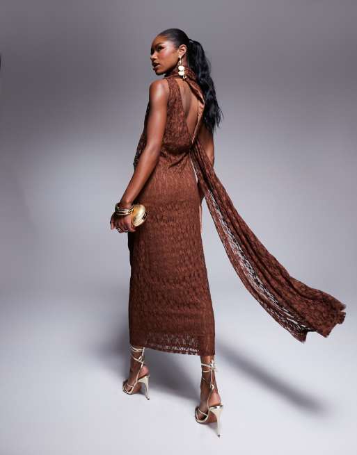 ASOS DESIGN lace sleeveless ruched drape detail midi dress in chocolate  brown