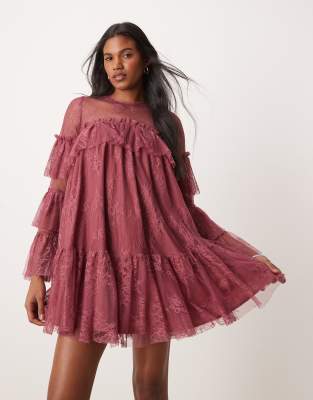 lace smock mini dress with frill sleeve in berry-Red