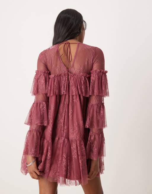 ASOS DESIGN lace smock mini dress with frill sleeve in berry, 2 of 4