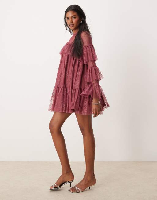 ASOS DESIGN lace smock mini dress with frill sleeve in berry, 3 of 4