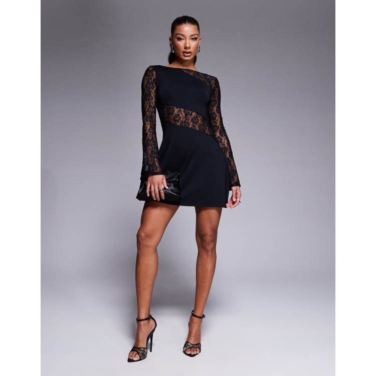 ASOS DESIGN lace spliced angel sleeve mini dress in black | ASOS
