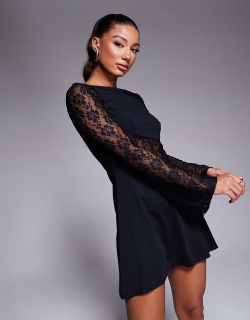 ASOS DESIGN lace spliced angel sleeve mini dress in black | ASOS