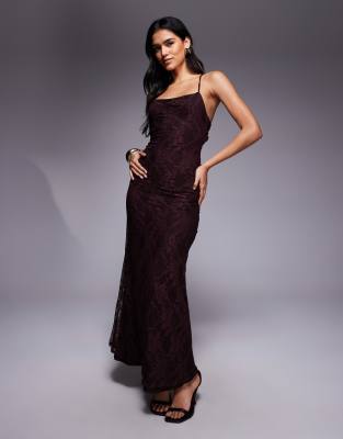 Asos Design Lace Square Neck Cami Maxi Dress With Tie Back In Burgundy