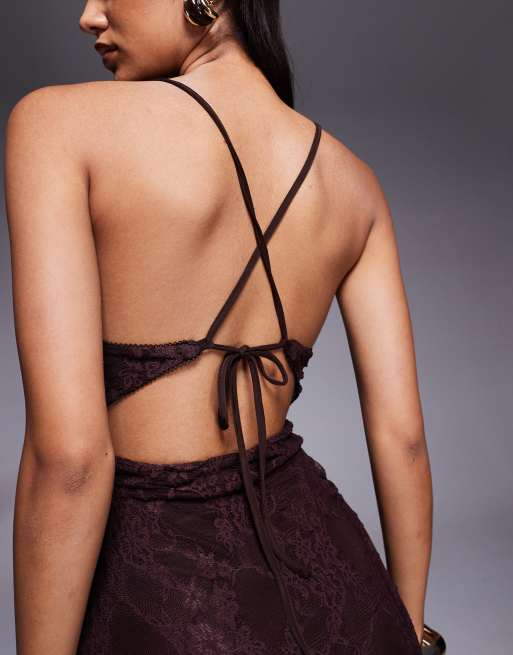 ASOS DESIGN lace square neck cami maxi dress with tie back in chocolate
