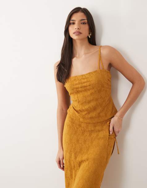 ASOS DESIGN lace square neck corset lace up top in chocolate (part of a set) - view 1