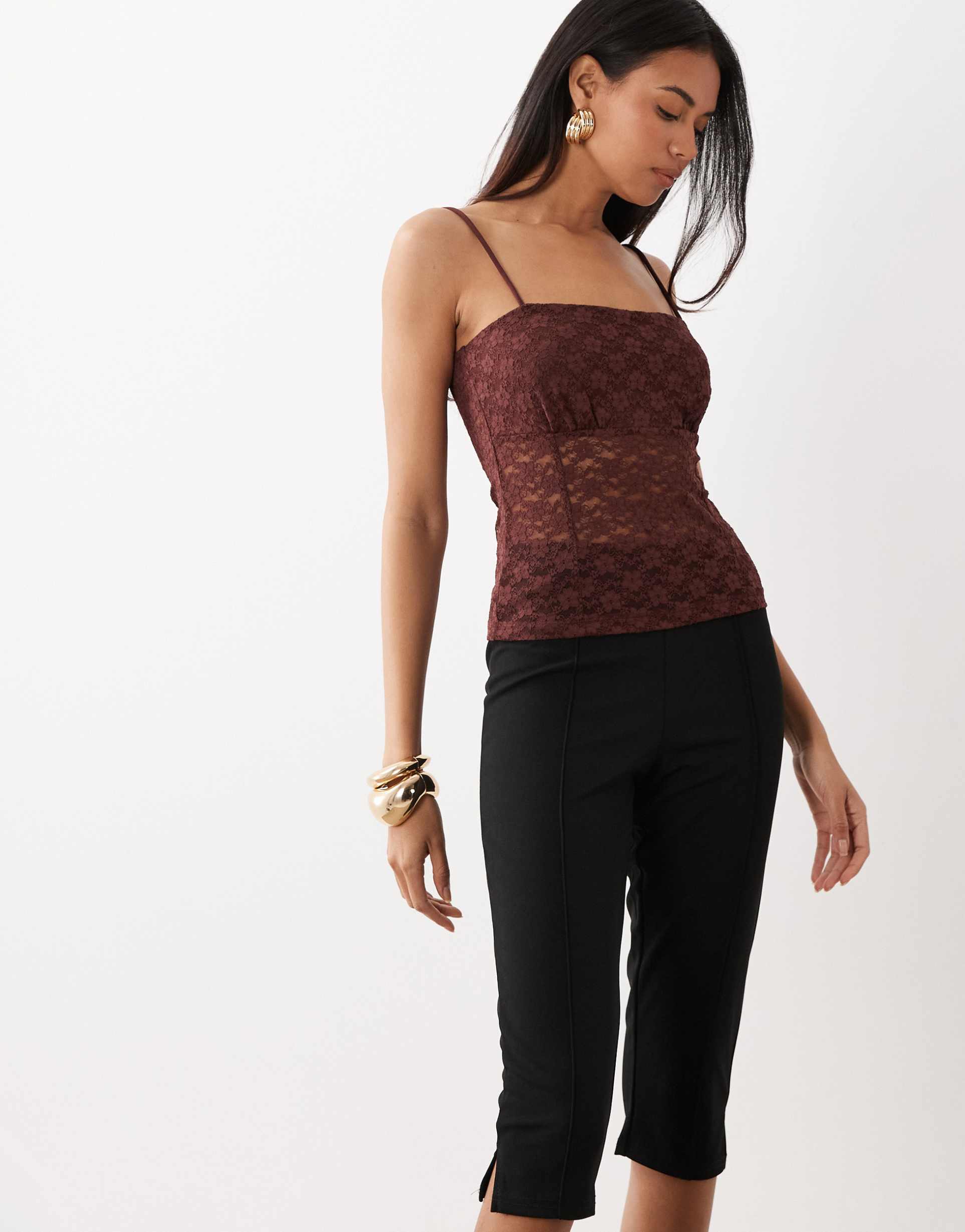 asos design lace square neck strappy cami top in chocolate
