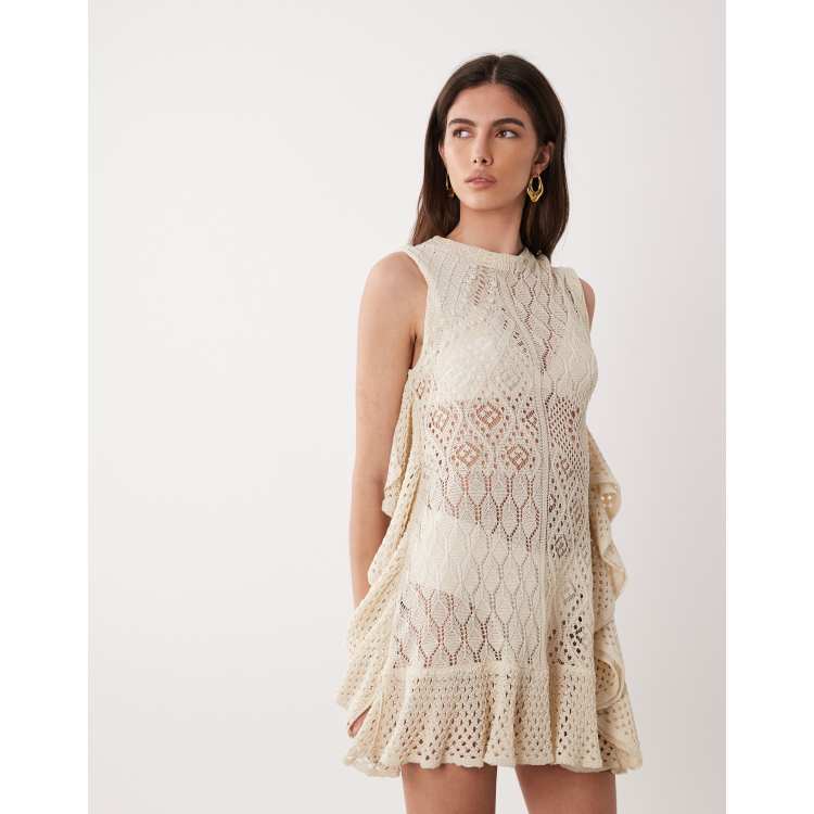 cream lace ruffle dress PrettyLittleThing PLT Label Cream Chiffon Frill Lace Up Detail Maxi Dress