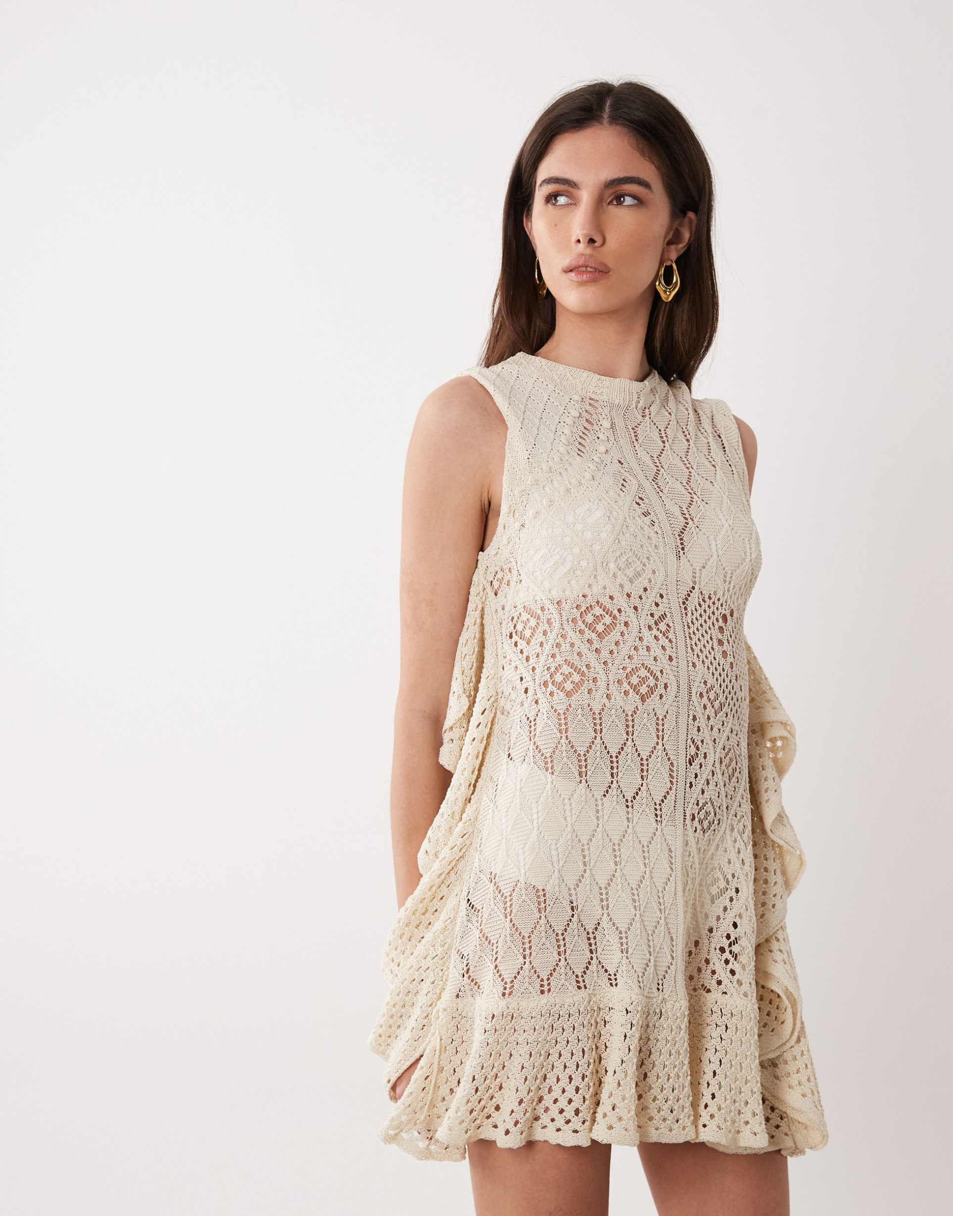 asos design lace stitch ruffle hemmed mini dress in cream