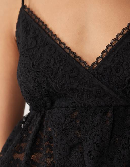 ASOS DESIGN lace strappy cami top with peplum hem in black, 3 of 4