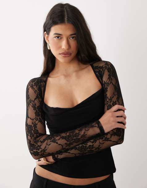 ASOS DESIGN lace sweetheart long sleeve top in black - view 1