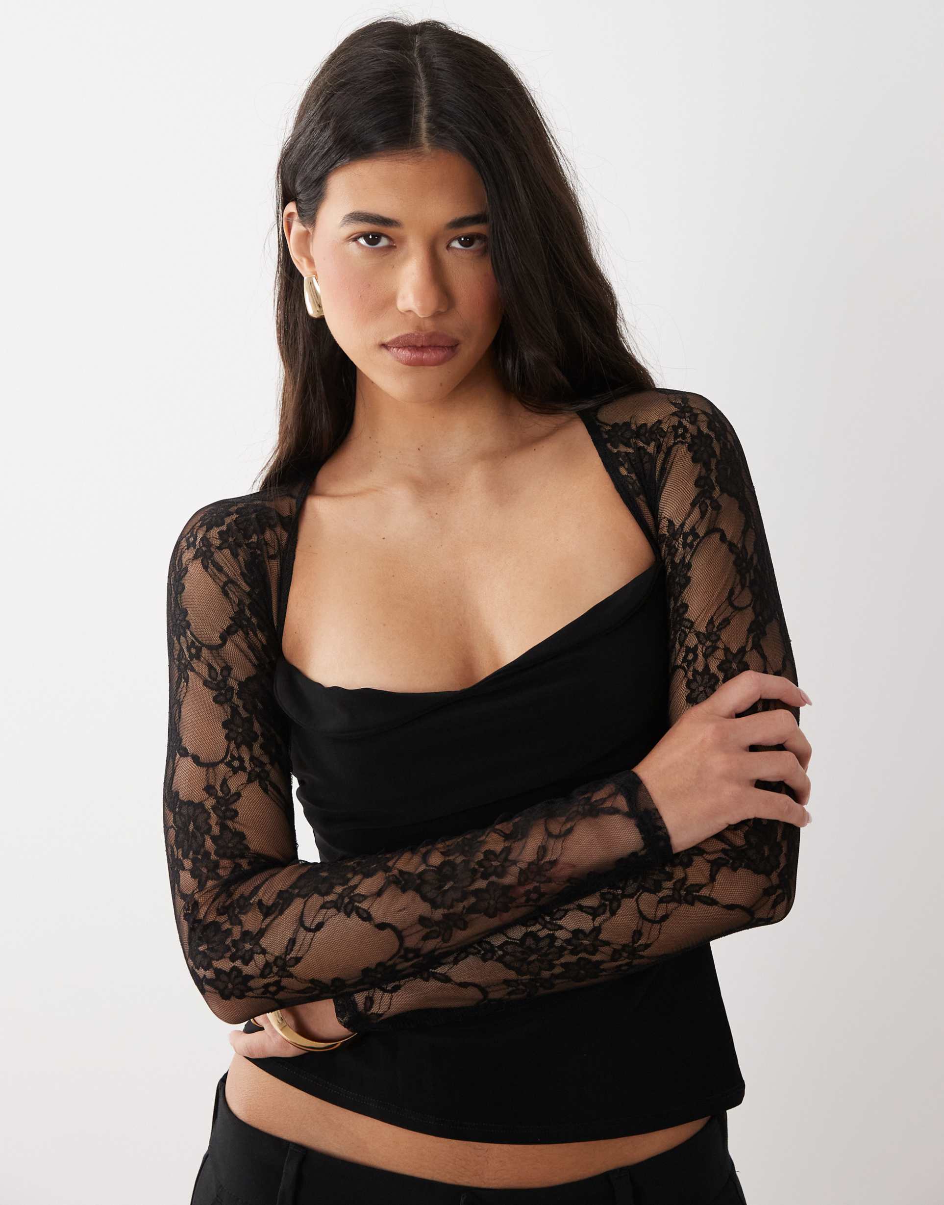asos design lace sweetheart long sleeve top in black