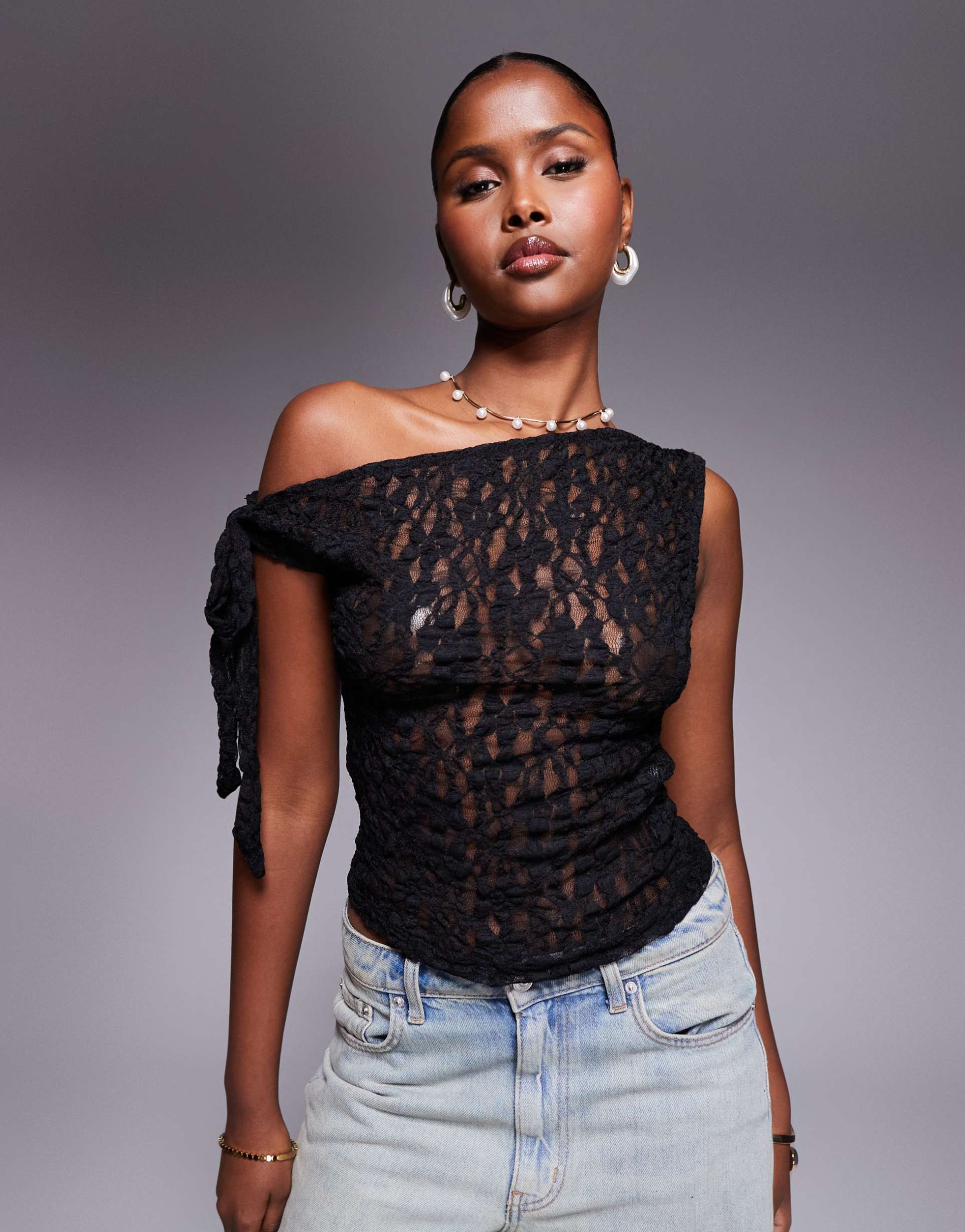 asos design lace tie fallen shoulder sheer top in black