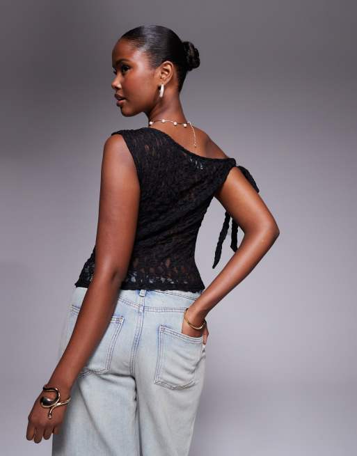 ASOS DESIGN lace tie fallen shoulder sheer top in black
