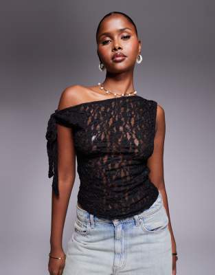 Asos Design Lace Tie Fallen Shoulder Top In Black