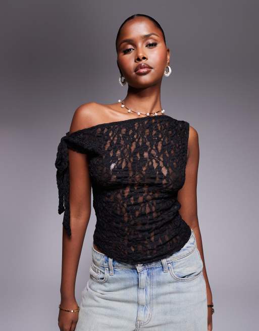 ASOS DESIGN lace tie fallen shoulder top in black