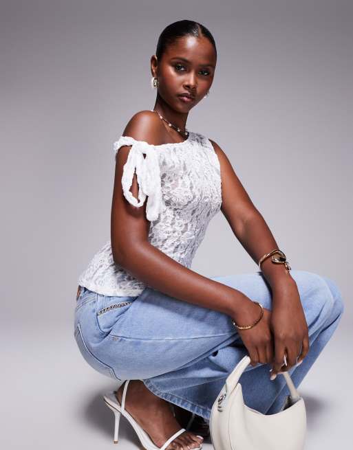 ASOS DESIGN lace tie fallen shoulder top in cream