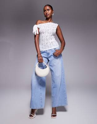 Asos Design Lace Tie Fallen Shoulder Top In White