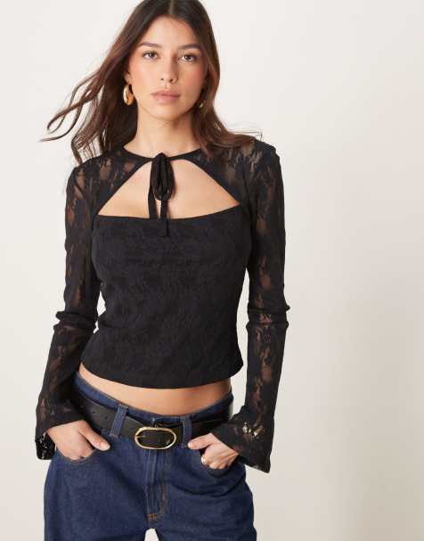 ASOS DESIGN lace tie front cut out flute sleeve top in black - view 1