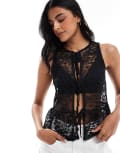 [ASOS DESIGN] ASOS DESIGN lace tie front peplum top in black L Black