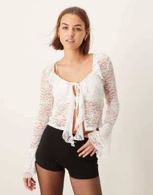 Asos Design Lace Tie Front Ruffle Top With Flared Sleeves In Ivory-white
