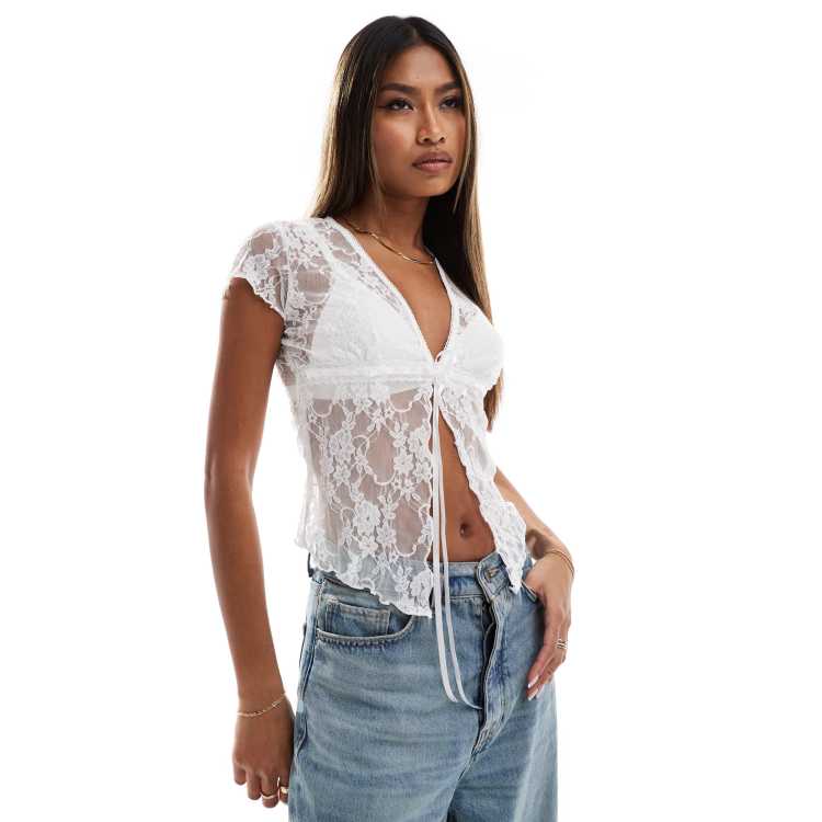 Ivory Tie-Strap Top - Ribbon Strap Top - Cute Lace Crop Top