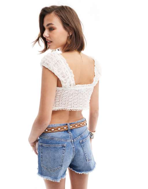 ASOS DESIGN lace tie front top in ivory | ASOS