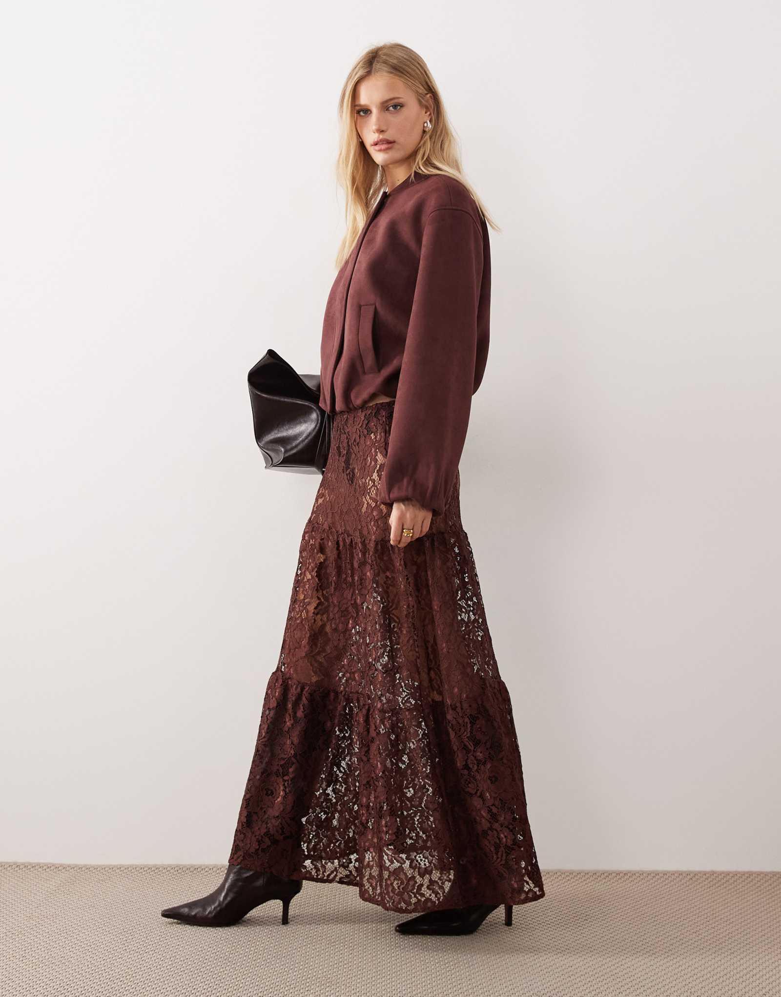 ДИЗАЙНЕРСКАЯ кружевная многоярусная макси-юбка ASOS шоколадного цвета