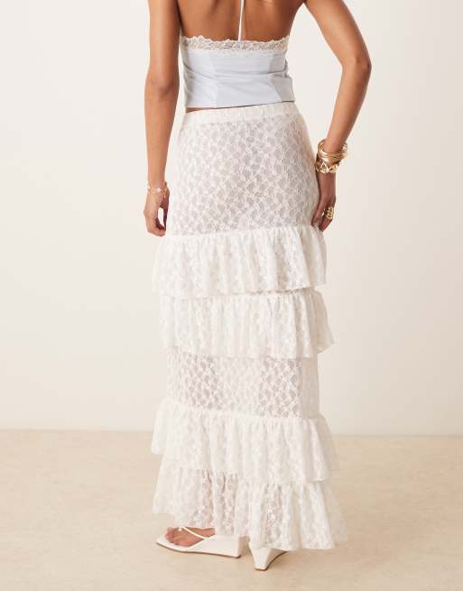 ASOS DESIGN - Kanten maxirok met stroken in wit