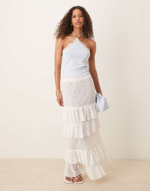 ASOS DESIGN lace tiered maxi skirt in white, 4 of 5