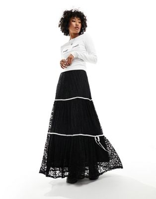 ASOS DESIGN lace tiered maxi skirt with contrast ribbons in black