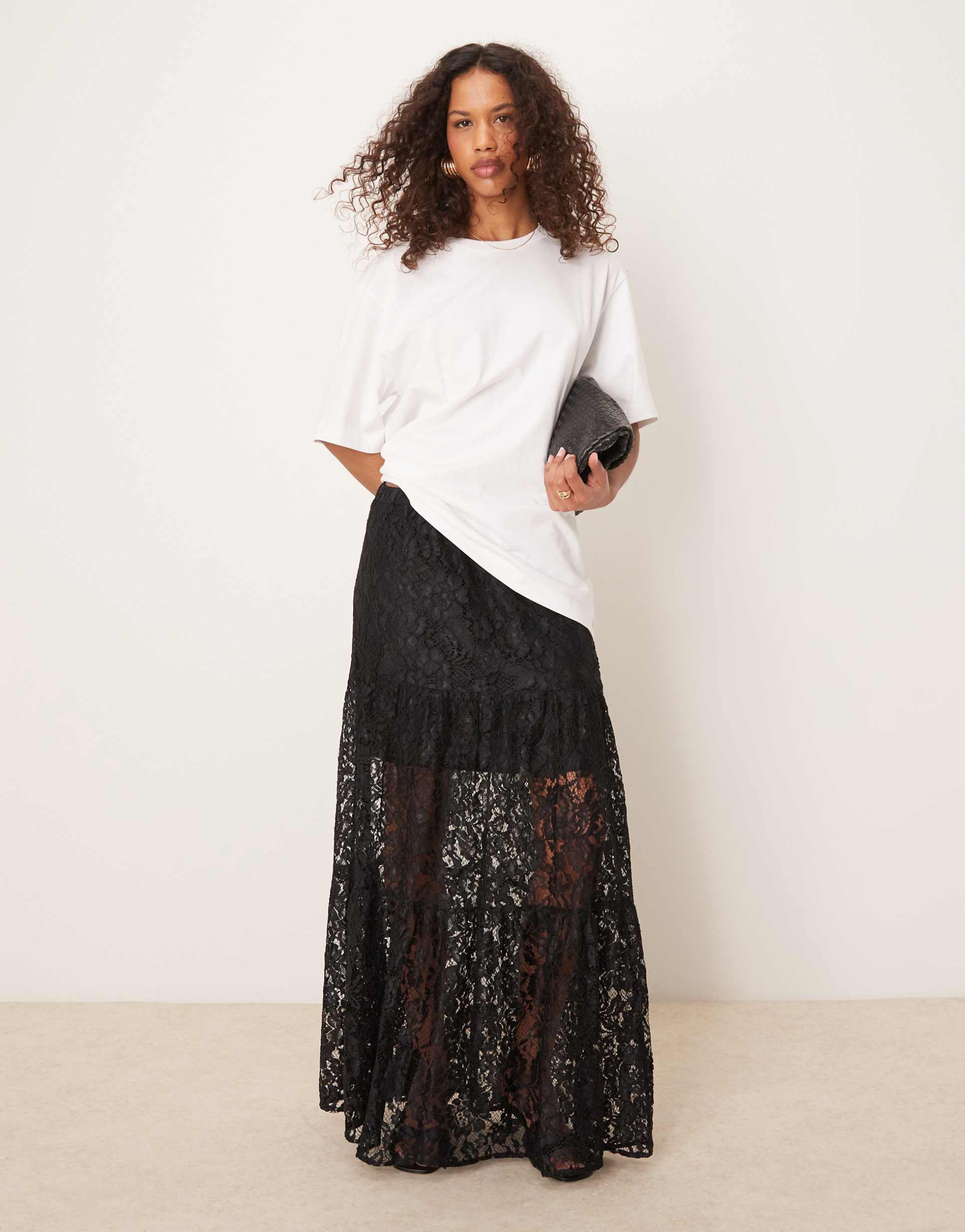 asos design lace tiered maxi skirt with lining in black