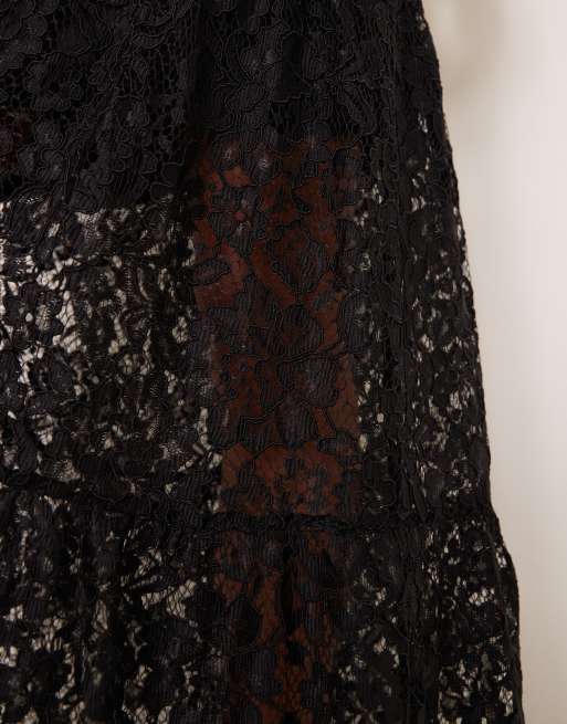 ASOS DESIGN lace tiered maxi skirt with lining in black | ASOS