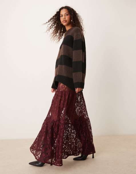 ASOS DESIGN lace tiered midi skirt in burgundy - view 1