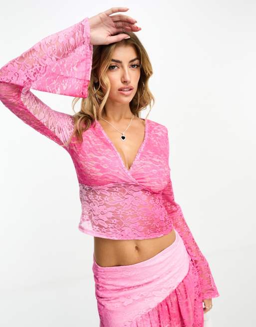 ASOS DESIGN lace top co ord with angel sleeves in ombre pink
