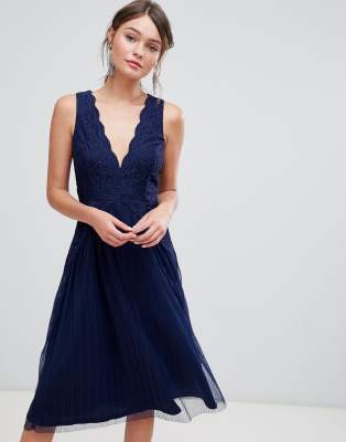 lace top pleated midi dress