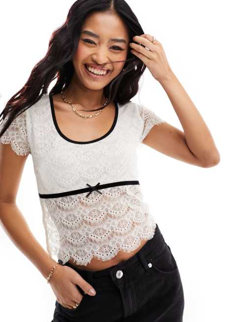 ASOS EDITION high neck crop top with cap sleeve in 3d floral lace in ivory