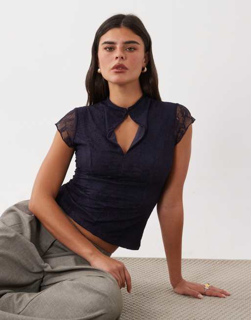 ASOS DESIGN lace top with flutter sleeve in navy, 3 of 4