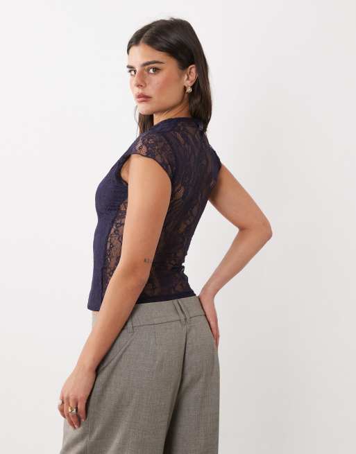 ASOS DESIGN lace top with flutter sleeve in navy, 4 of 4