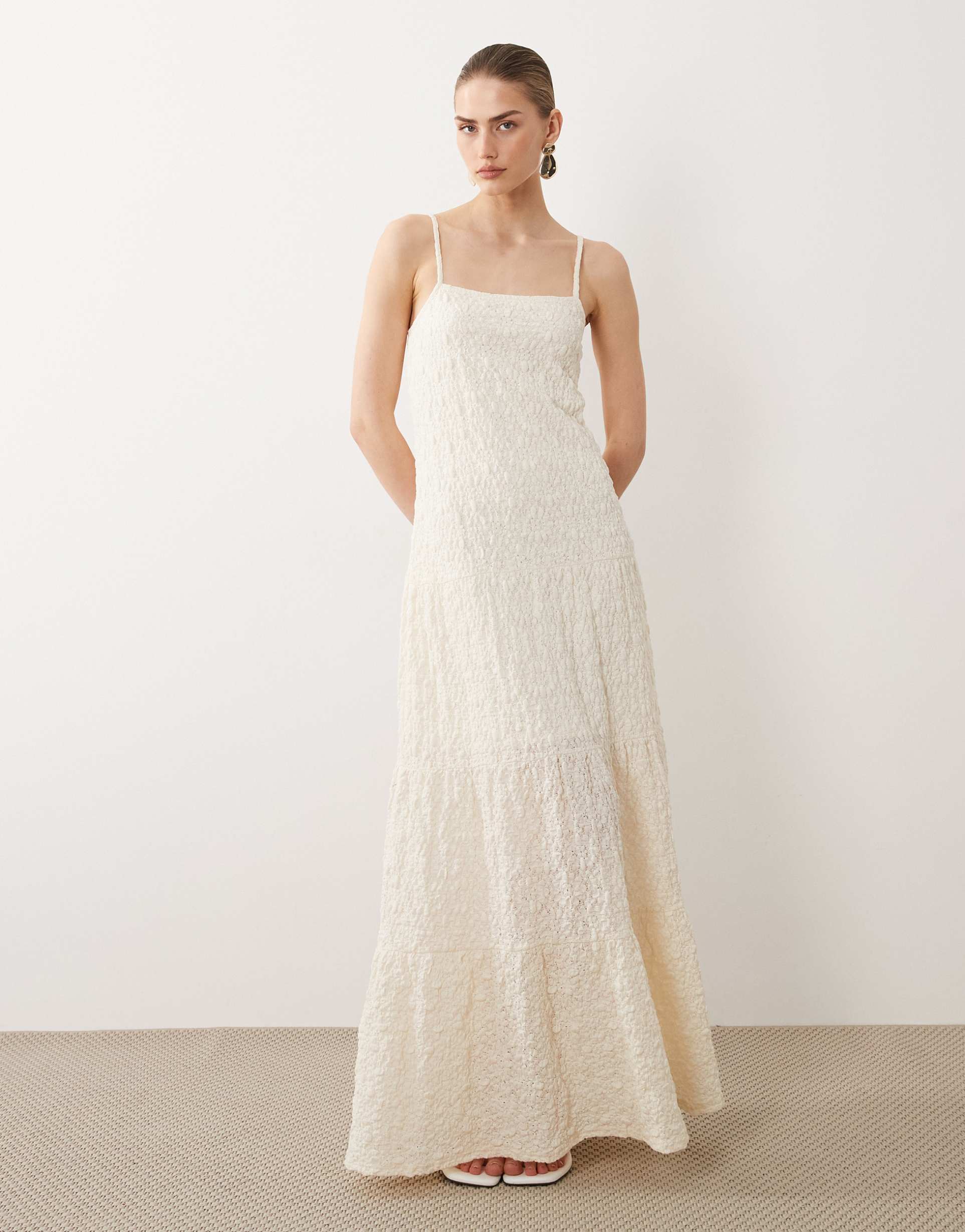 asos design lace trapeze maxi dress in neutral