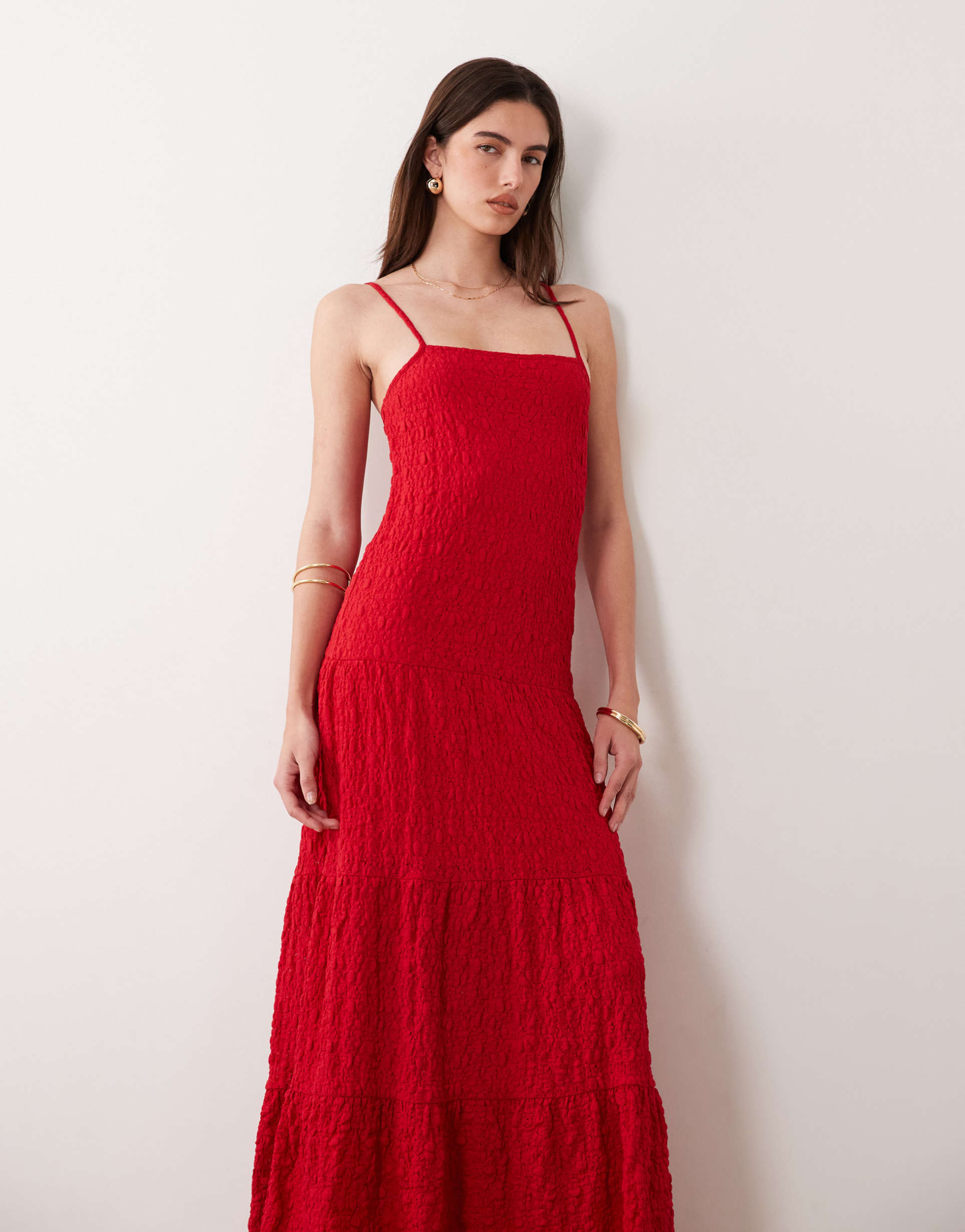 asos design lace trapeze maxi dress in red