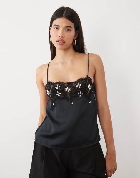 ASOS DESIGN lace trim and embellishment satin cami in black - view 1