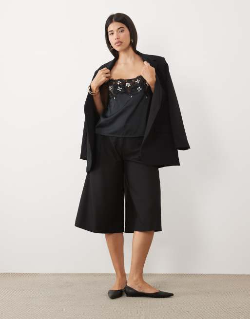 ASOS DESIGN lace trim and embellishment satin cami in black, 2 of 4