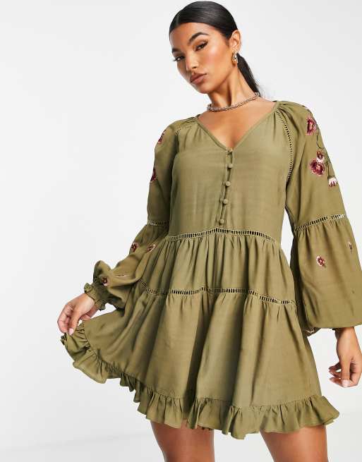 ASOS DESIGN lace trim and embroidered playsuit in khaki