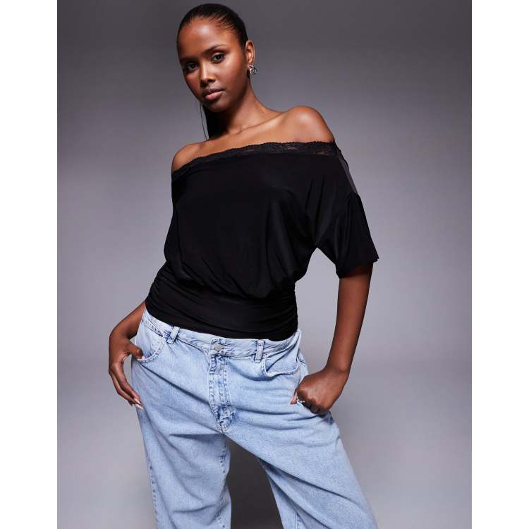 トップス S lace trim off shoulder tops BLACK ASOS DESIGN off shoulder lace trim top in black | ASOS