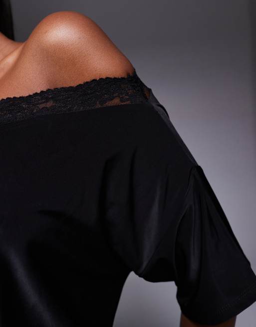 ASOS DESIGN lace trim asymmetric off shoulder top with cinch