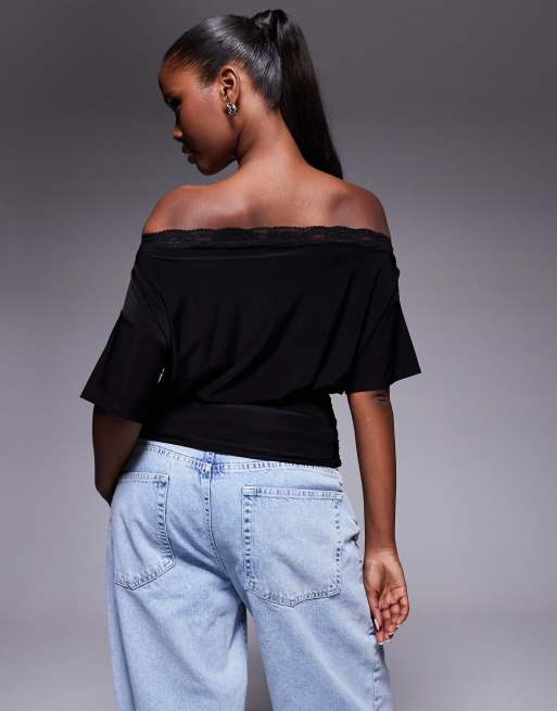 ASOS DESIGN lace trim asymmetric off shoulder top with cinch waist detail in black