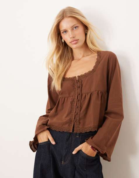 ASOS DESIGN lace trim babydoll blouse in chocolate - view 1